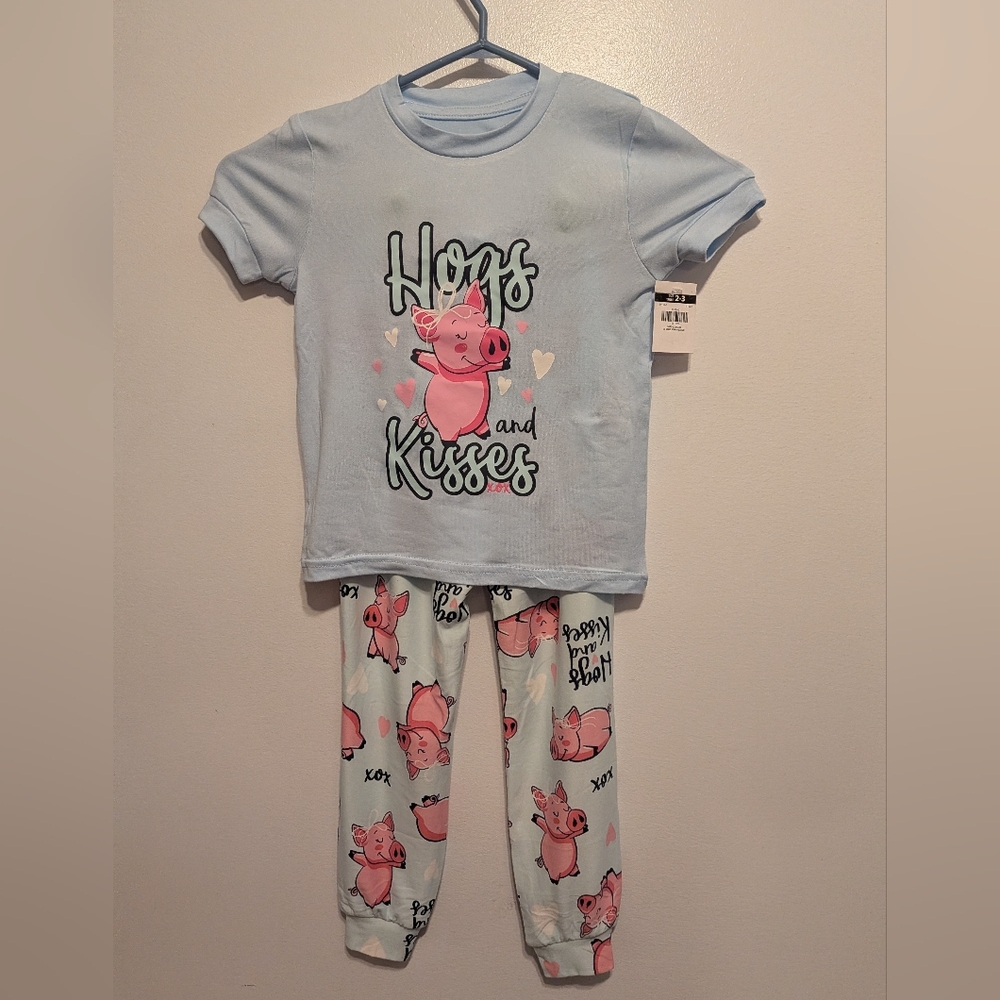 Kids Hogs and Kisses Pig Print Pajama Set - Light Blue